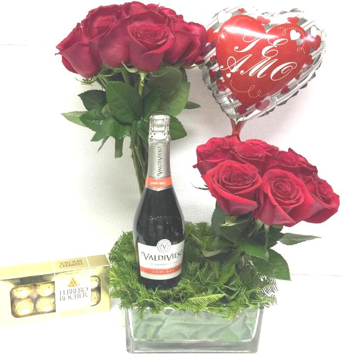 Florero 24 Rosas, Bombones Ferrero Rocher 100 gramos, Champagne 375cc y Globito